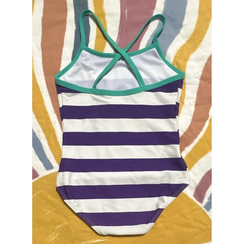 Kanu Girls One Piece Swimsuit Size 6 Purple/White/Green Striped 1 Piece